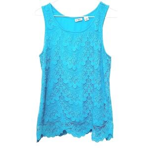 Cato Lace Tank Top Women Medium Turquoise Blue Floral Scalloped Hem Sleeveless